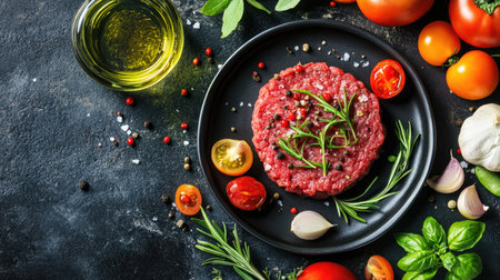 Fresh beef tartare in center of plate, garnished with vibrant vegetables and herbs, photographed from overheadの素材