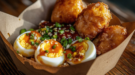 Elevated Thai street food presentation of fried boiled eggs, sweet tamarind reduction, and stylized spring onion cutsの素材