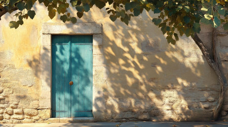 French Riviera home entrance with a sea-blue door, stucco texture, and shadows of overhead foliageの素材