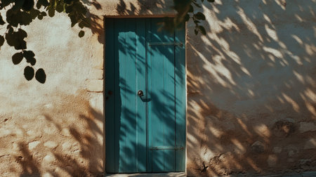 French Riviera home entrance with a sea-blue door, stucco texture, and shadows of overhead foliageの素材