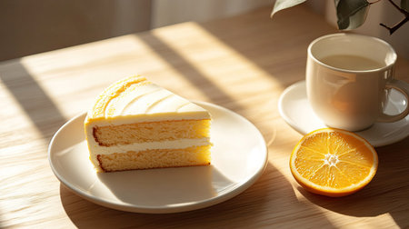 A beautifully styled orange cake slice on a white plate, placed on a wooden table with soft natural lighting for a coffee shop menu.の素材