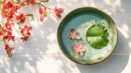 Flat lay of Songkran bowl with scented water and floral decoration, Thai garland and lotus leaf on white plank tableの素材