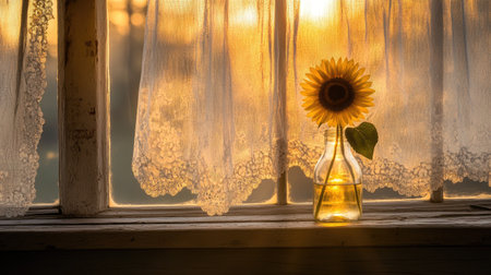 A dreamy old window with sheer lace curtains, a single sunflower in a glass bottle, and golden sunlight casting warm tones.の素材