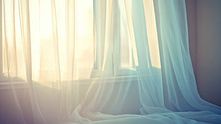 A gently flowing transparent curtain over a window, creating a peaceful and serene atmosphere.の素材