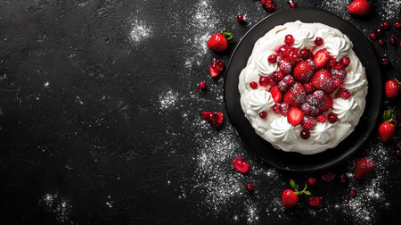 A gourmet strawberry pavlova with crisp meringue layers, topped with whipped cream and strawberries, flat lay on a dark rustic surface.の素材