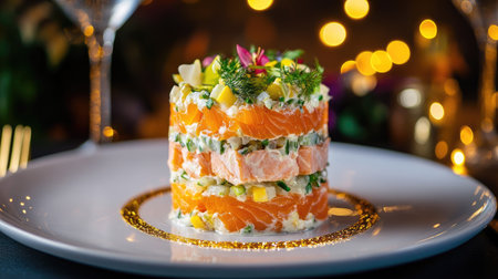 A festive New Year's Eve table spread featuring layered salmon salad as a centerpiece, surrounded by sparkling lightsの素材