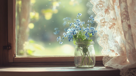 A delicate wooden window with floral lace curtains, a small bouquet of forget-me-nots in a tiny glass jar, and a peaceful ambiance.の素材