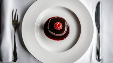 Flat lay of a decadent molten chocolate cake with a berry compote topping, elegantly presented with a fork and napkin.の素材