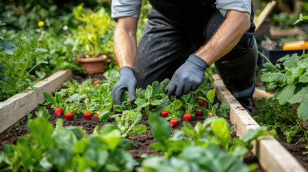 A gardener kneeling in a lush garden, carefully planting strawberry seedlings into raised garden beds with vibrant green foliage around.の素材