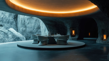 A futuristic sci-fi take on Olivier salad with salmon, presented in a high-tech fine dining environmentの素材