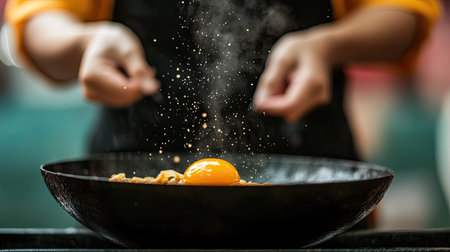 Food vendor cracking an egg into a sizzling wok while cooking Pad Thai, with steam rising in the air.の素材