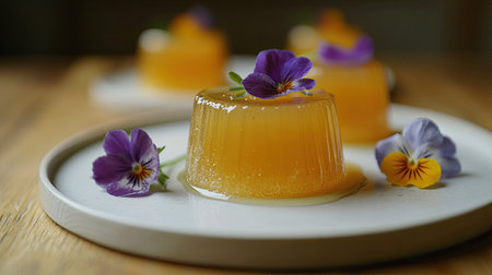 Golden Med Kanun sweets on a white plate, syrup dripping down the sides, styled with vibrant tropical flowers for an elegant presentation.の素材