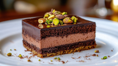 Flat lay of an indulgent chocolate cake slice with thick ganache, topped with walnuts and pistachios, elegantly plated.の素材