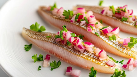 Freshly plated pickled Atlantic herring, topped with chopped onions and parsley leaves on white porcelain, bright neutral backgroundの素材