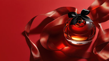 A minimalist fragrance composition featuring a glass perfume bottle, silk ribbon bow, and soft dramatic shadows on a luxurious red background.の素材