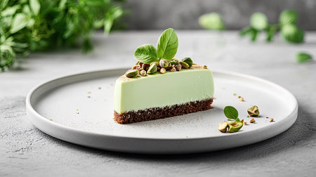 A luxurious pistachio cake slice with a creamy center and crunchy nut garnish, beautifully arranged on a modern plate.の素材