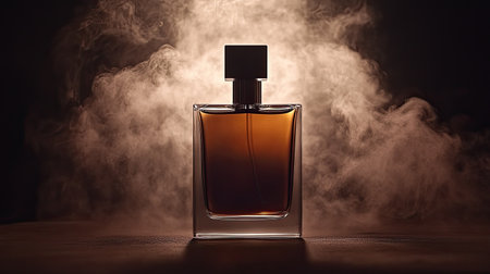 A premium men's cologne with a smoky brown bottle, soft lighting, and a textured brown backdrop, ideal for advertising.の素材
