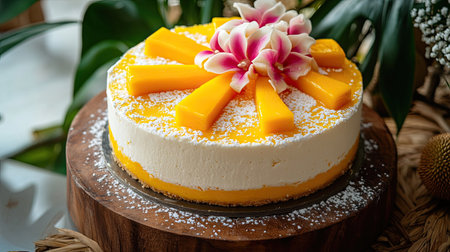 A high-angle shot of a mango and durian cream cake, placed on a rustic wooden board with tropical fruits.の素材