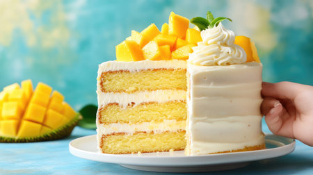A mango and durian cake with soft sponge layers and creamy frosting, presented on a pastel-toned background with tropical fruit.の素材