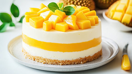 A luxurious mango and durian cake with a smooth cream layer, served on a modern ceramic plate with tropical fruit garnish.の素材