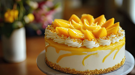 A rich and flavorful mango and durian cake with thick cream, topped with fresh mango slices and edible gold flakes.の素材