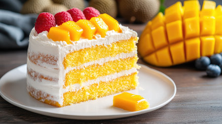 A high-end patisserie dessert featuring mango and durian cream cake, placed on a sleek white plate with fruit garnish.の素材