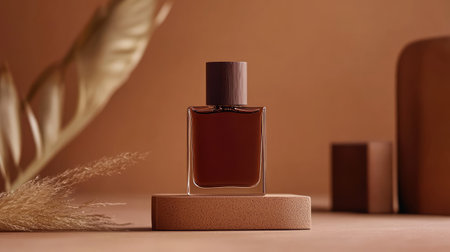 A minimalistic men's fragrance concept with a refined perfume bottle, rich brown textures, and ample copy space.の素材