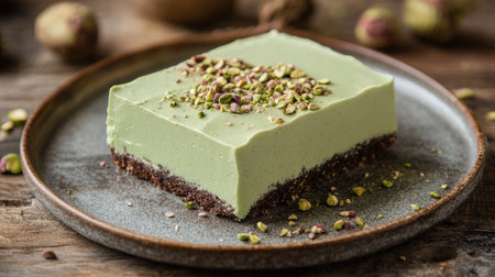 A piece of gourmet pistachio cake with smooth buttercream and pistachio sprinkles, elegantly styled on a dessert plate.の素材