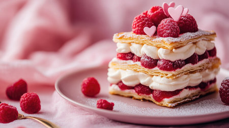 A perfectly plated Mille Feuille dessert with vanilla cream, fresh raspberries, and delicate heart decorations, sitting on a pink tablecloth.の素材