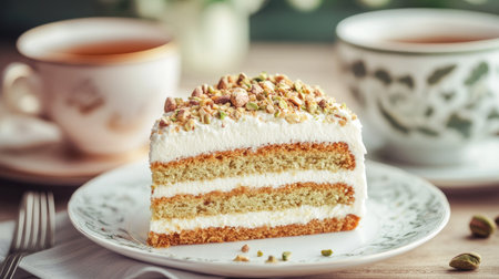 A pistachio cake slice with smooth cream, crunchy nuts, and a golden-brown crust, served with a cup of tea.の素材