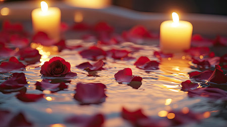 A romantic candlelit bath with rose petals floating on water, luxurious and relaxing ambiance.の素材