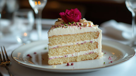 A piece of gourmet pistachio cake with smooth buttercream and pistachio sprinkles, elegantly styled on a dessert plate.の素材