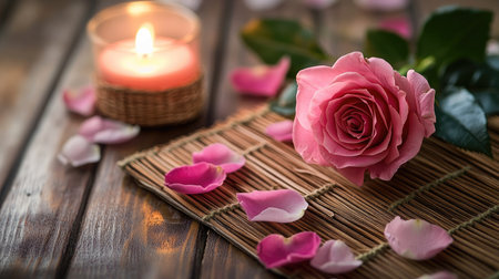 A beautifully arranged pink rose, delicate petals, and a small candle, placed on a natural fiber mat for a cozy mood.の素材