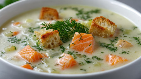 A close-up of Finnish salmon soup with fresh herbs, soft vegetables, and crispy croutons in a creamy broth, on a gray background.の素材