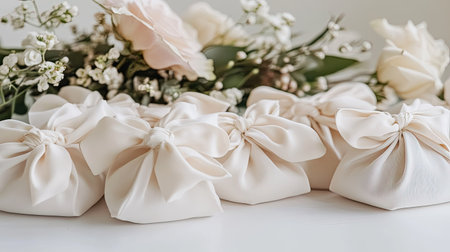 A beautiful arrangement of wedding favors wrapped in soft fabric pouches, displayed on a white table with floral accentsの素材