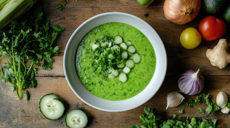 A top-down view of a white bowl filled with authentic Thai green curry, surrounded by fresh ingredients on a wooden table.の素材