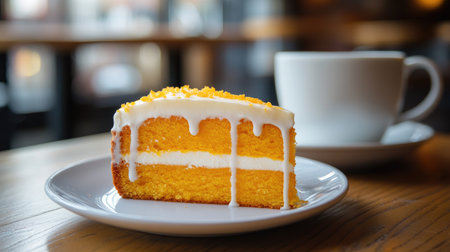 A caf setting featuring a homemade orange cake slice with a drizzle of icing, served on a white plate on a wooden table.の素材