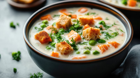 A close-up of Finnish salmon soup with fresh herbs, soft vegetables, and crispy croutons in a creamy broth, on a gray background.の素材