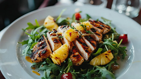 Gourmet salad with golden grilled chicken, tropical pineapple, arugula, and drizzle of lemon sauce on white plateの素材