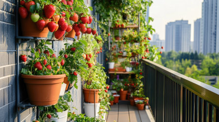 A thriving urban garden with potted strawberry plants full of fresh, ripe fruit on a sunny balcony.の素材