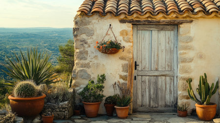 Hilltop village house with weathered door, colorful tilework, and sun-drenched atmosphere typical of southern Franceの素材