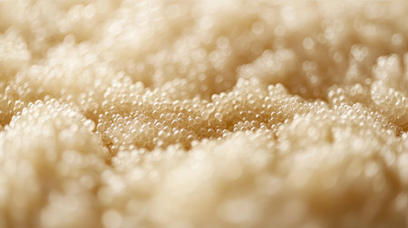 High-quality macro shot of raw organic couscous grains, revealing intricate details of their natural structure and golden shade.の素材