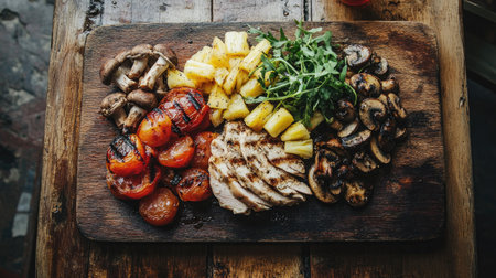 Home-style chicken salad featuring grilled mushrooms and sweet pineapple on a weathered wooden boardの素材