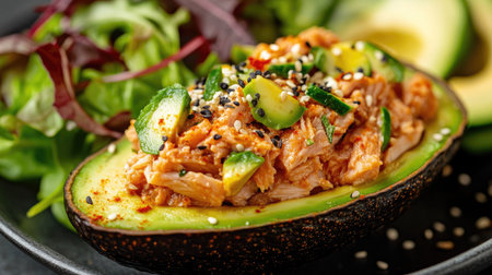 Keto meal close-up with avocado stuffed with tuna salad, creamy and seasoned, served with side of mixed greensの素材