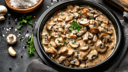 Homemade creamy carrot mushroom sauce with garlic, overhead view in cooking pot with copy space for recipe or titleの素材