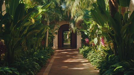 Home entrance surrounded by lush vegetation with tall trees and tropical flower accentsの素材