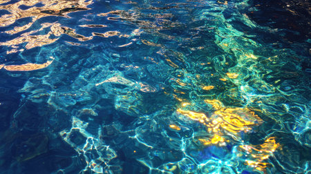 Iridescent bubbles and foam floating on blue water, reflecting light and forming a clean, fresh pattern.の素材