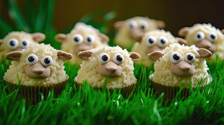 Homemade sheep cupcakes with cute candy eyes, arranged on vibrant green grass, Easter-themed decor in the background.の素材