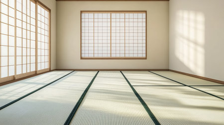 High-resolution D rendering of bright interior room with traditional tatami mats, wooden accents and clean modern designの素材