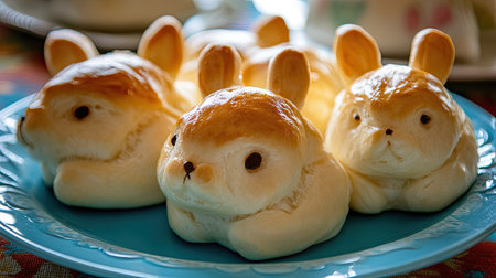 Homemade bunny-shaped dinner rolls, golden brown and soft, arranged on a bright blue plate for a fun Easter baking idea.の素材